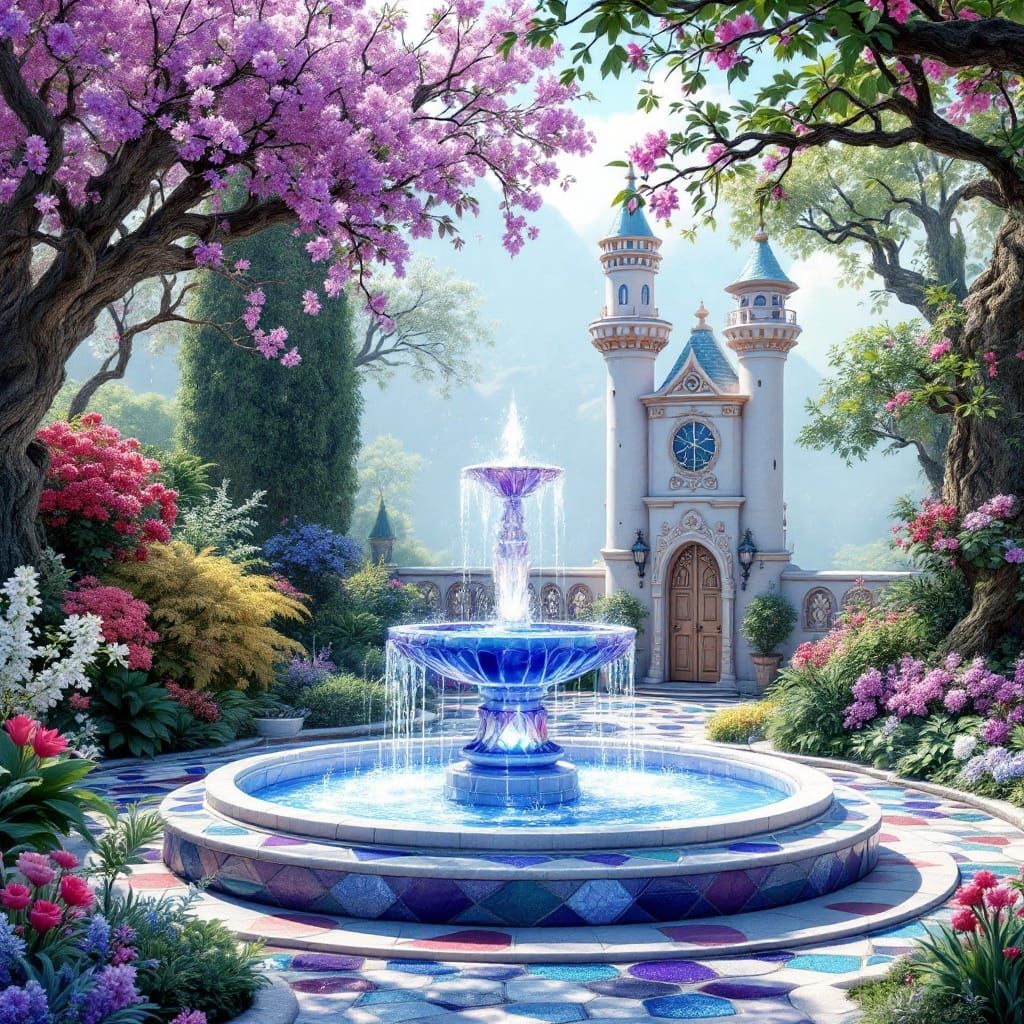 Whimsical Ivory Palace in a Vibrant Fantasy Garden