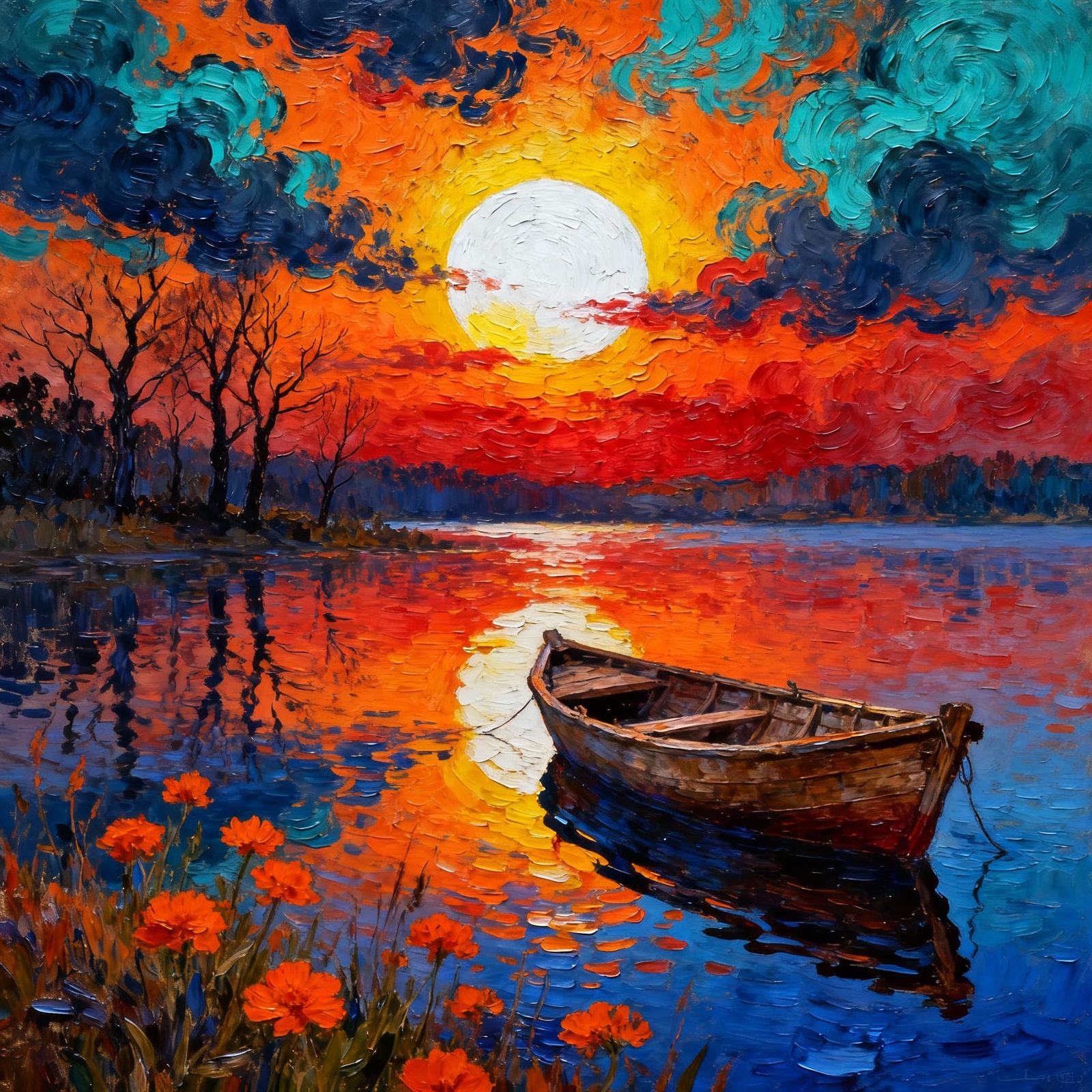 Dramatic Sunset Over Tranquil Lake as Impasto Oil Painting