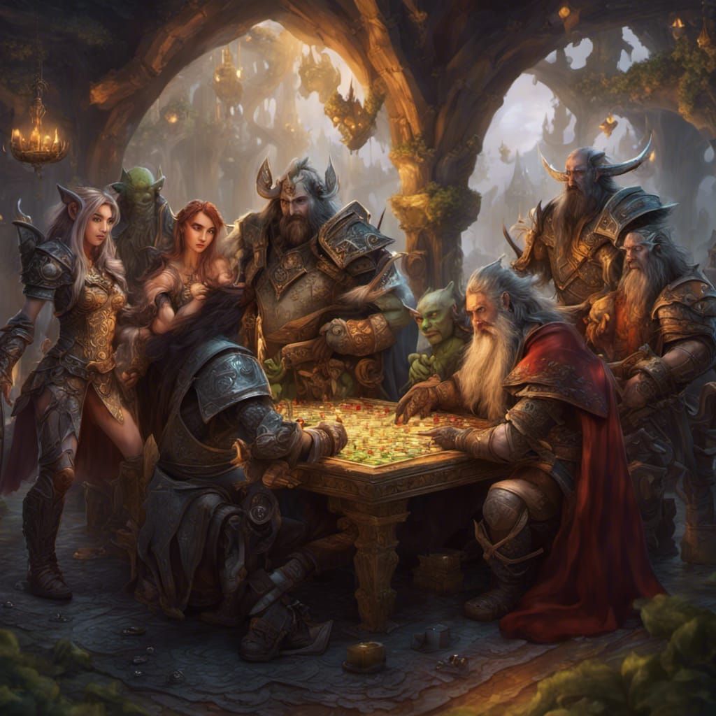 Fantasy Characters Play Tabletop Game in Digital Art