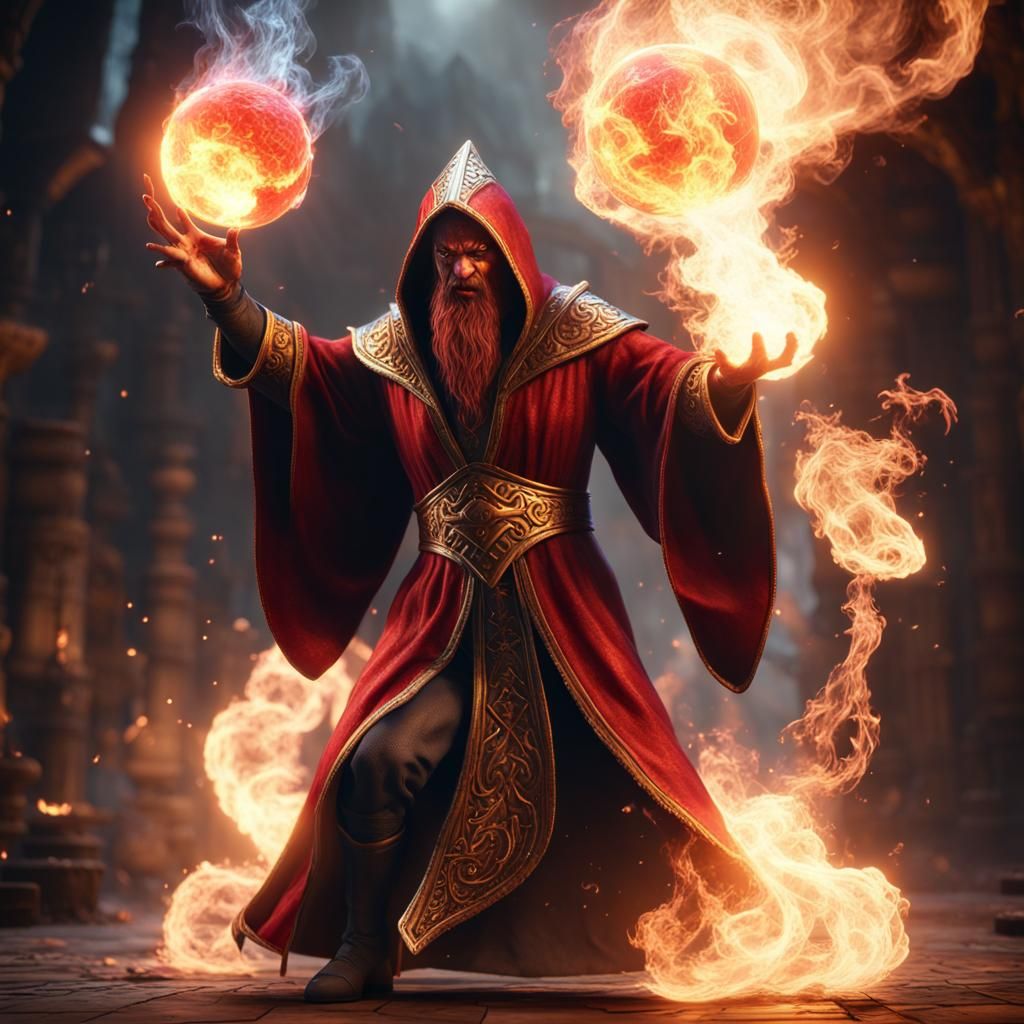 Wizard Throws Fireball at Demon in 3D Cinematic Style