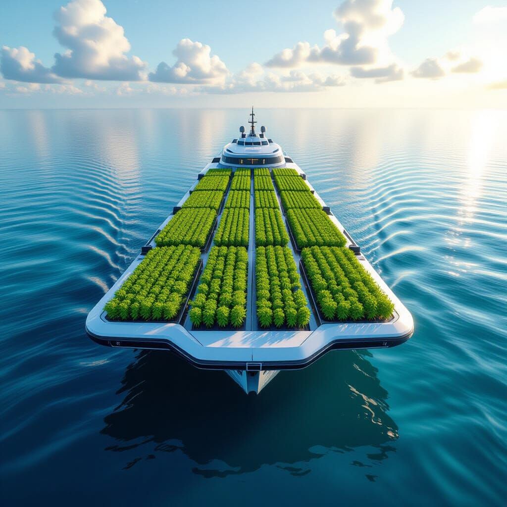 Futuristic Floating Farm Ship in Aerial View