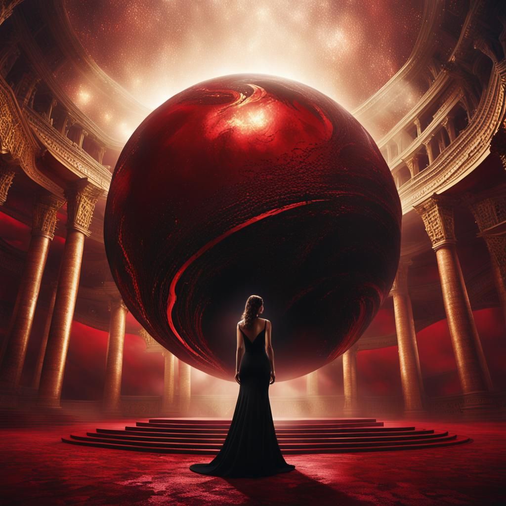 Woman in Crimson Sphere: Dark Fantasy Illustration