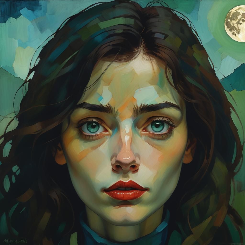 Egon Schiele Style Portrait of Woman in Moonlight