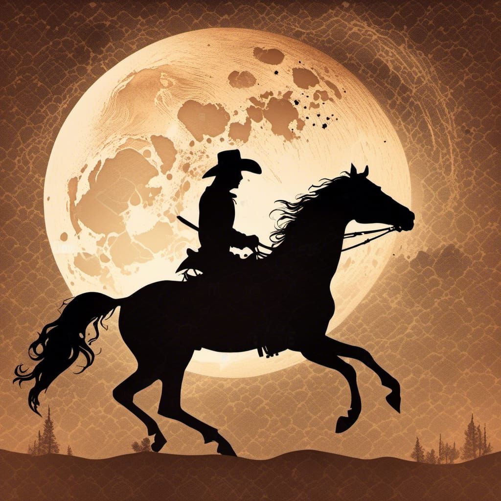 Cowboy Silhouette Riding Horse at Sunrise