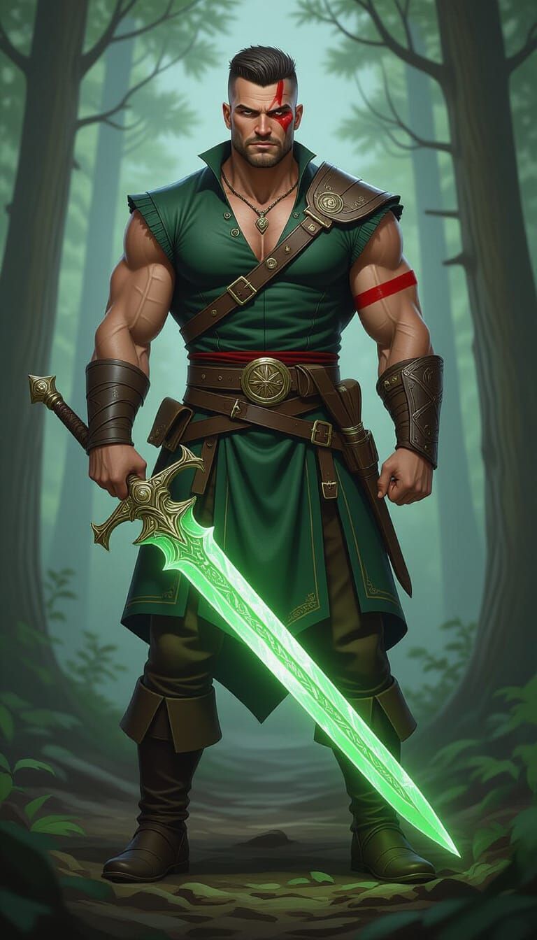 Muscular Man with Magical Sword in Forest