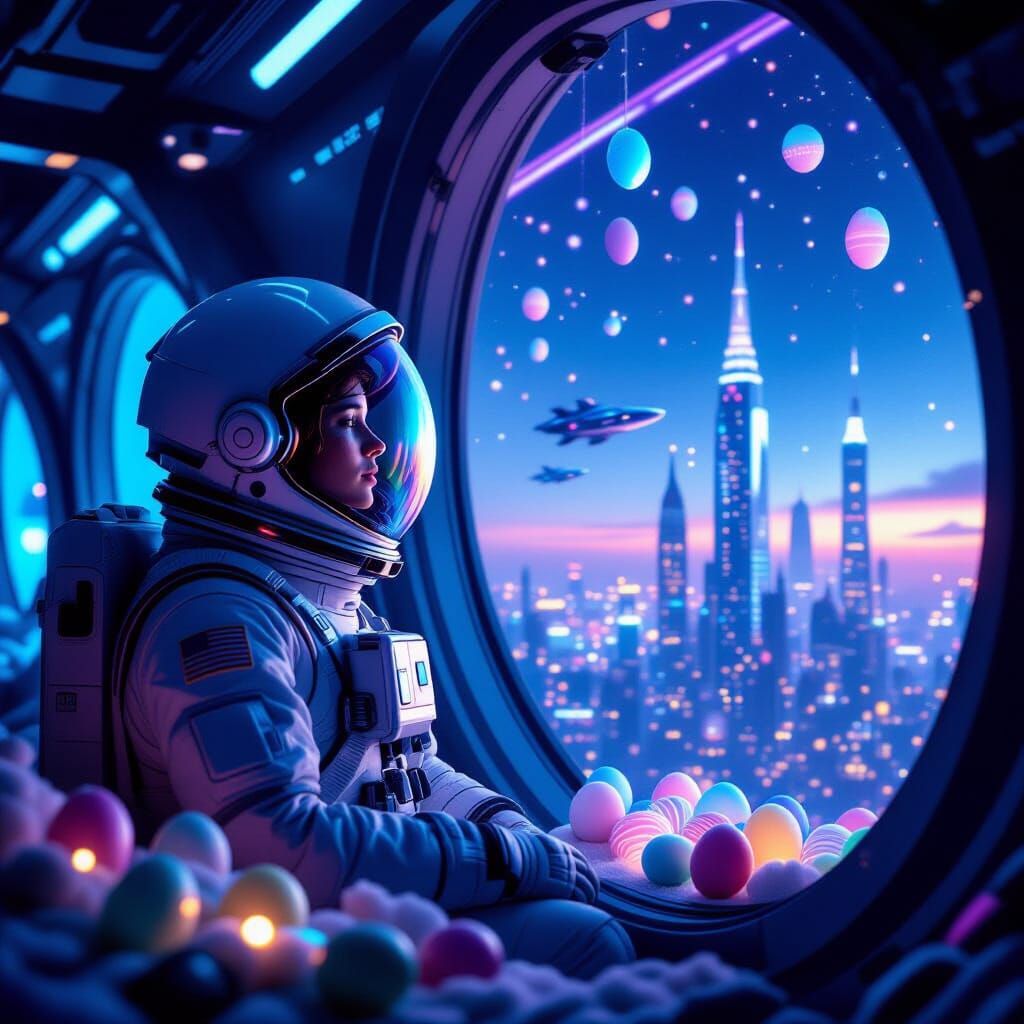 Inside a futuristic spaceship illuminated in blue tones with...