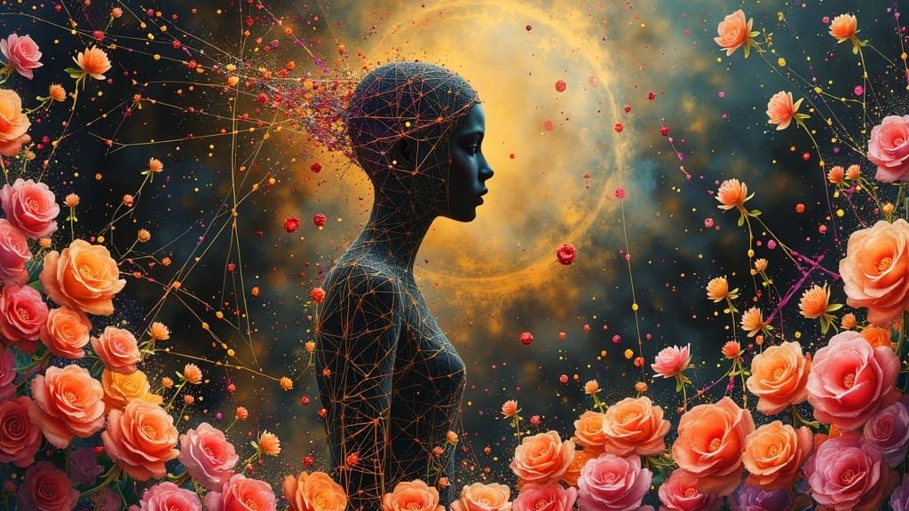 Cyborg Beauty Among Roses in Dark Oil Paint Style