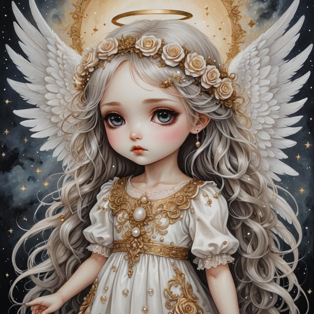 Gothpunk Chibi Angel with White Dress and Wings