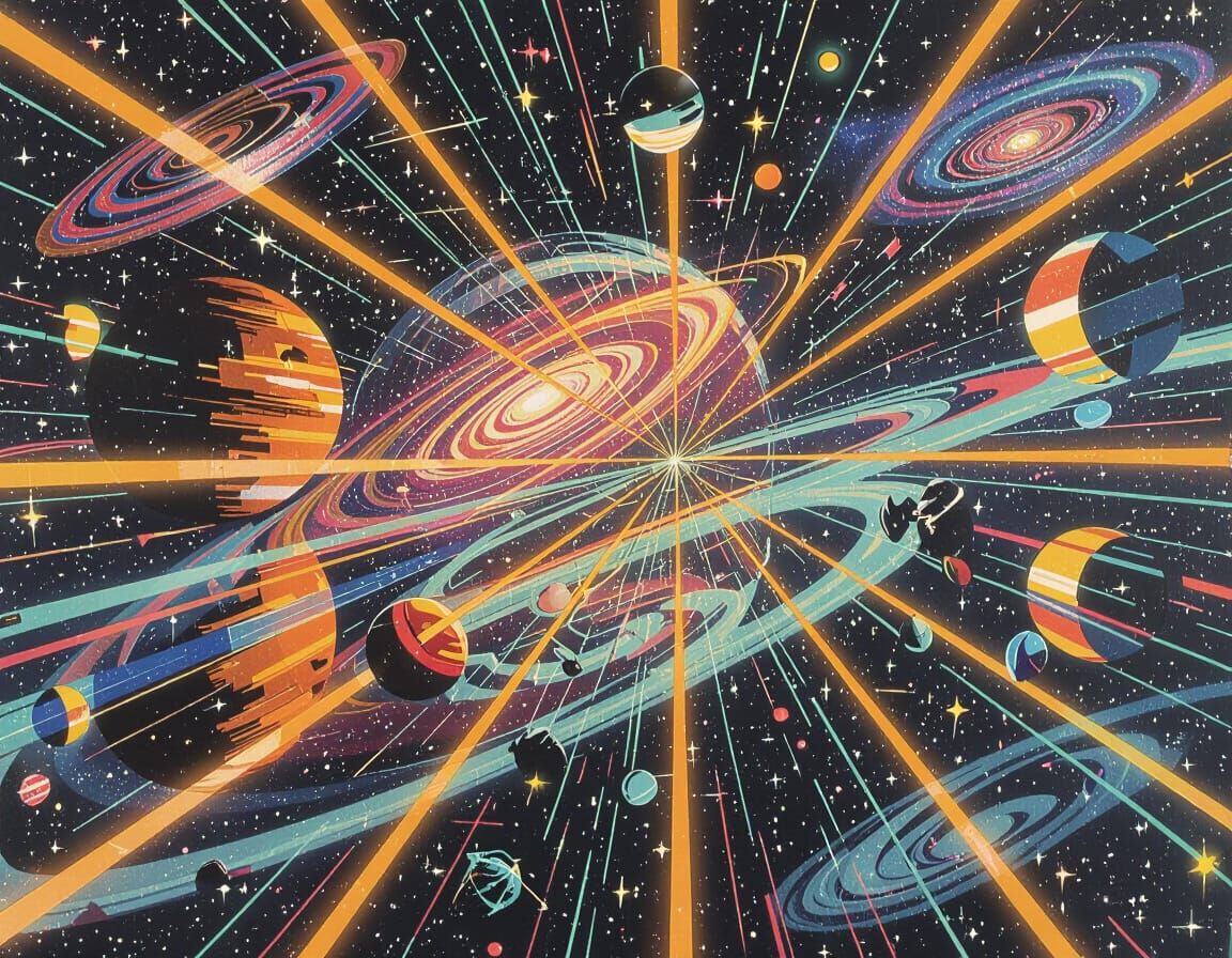 Ethereal Cosmic Scene with Stars and Neon Galaxies