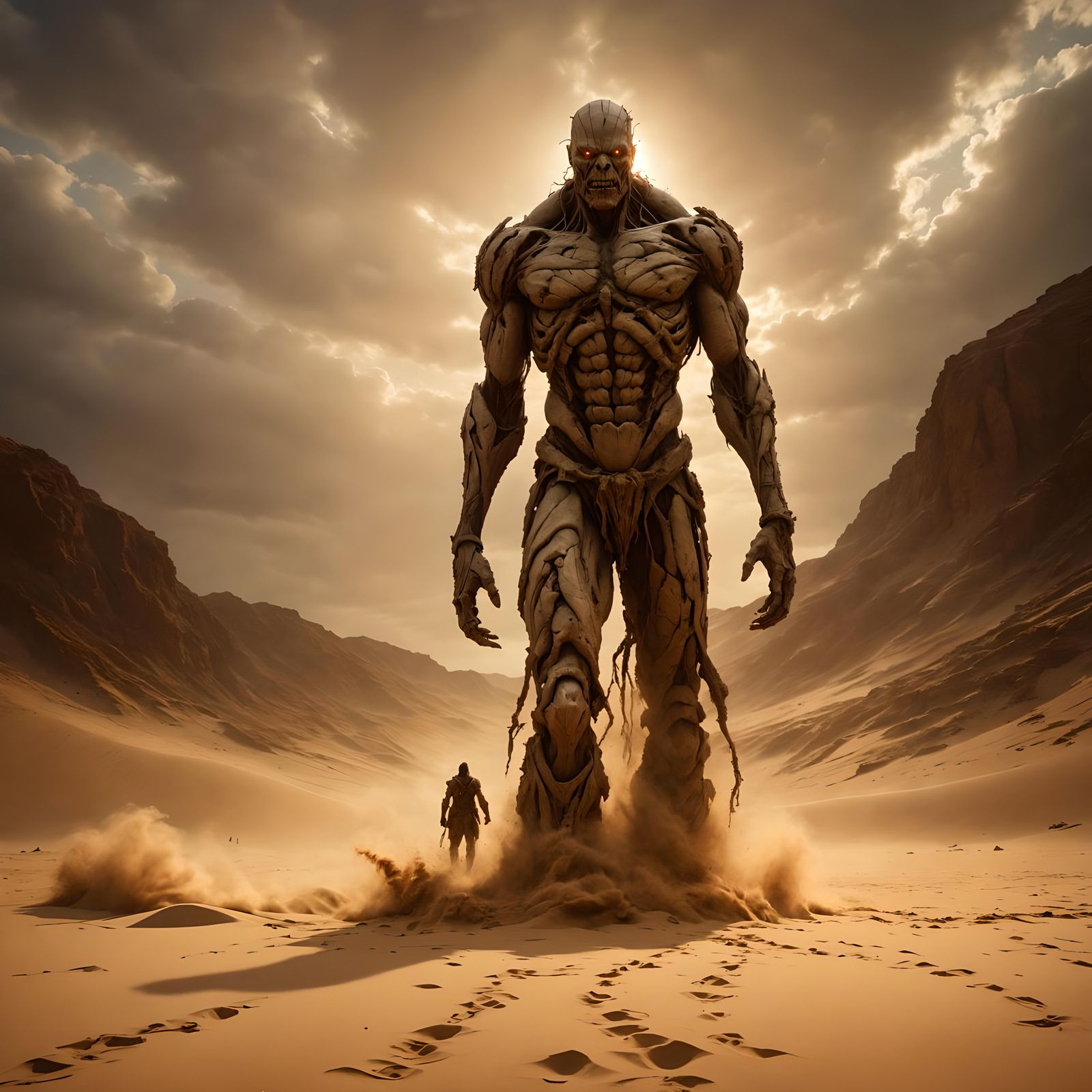 Dramatic Sand Titan Portrait in Horror Movie Style