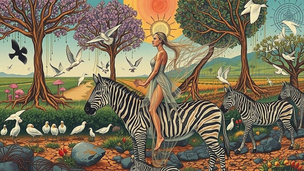 Goddess of Life Rides Zebra Amidst Cosmic Surrealism