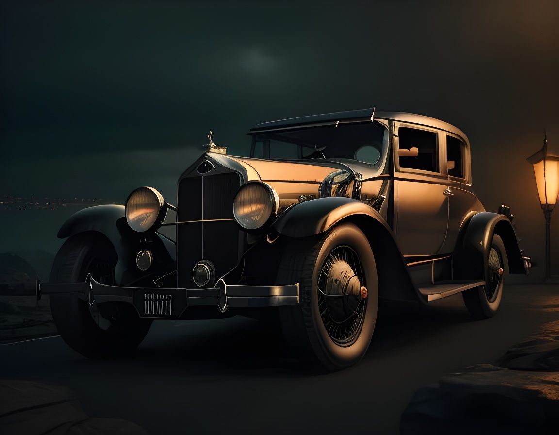Black 1930s Art Deco Car in Hyperrealistic Photo