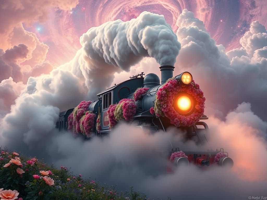Surreal Train Emerges from Cosmic Smoke in Hyperrealistic Bl...