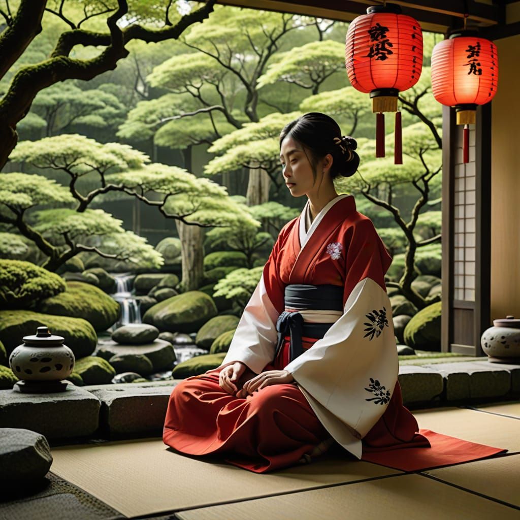 Serene Young Miko Meditating in Zen Garden, in Sumi-e Style