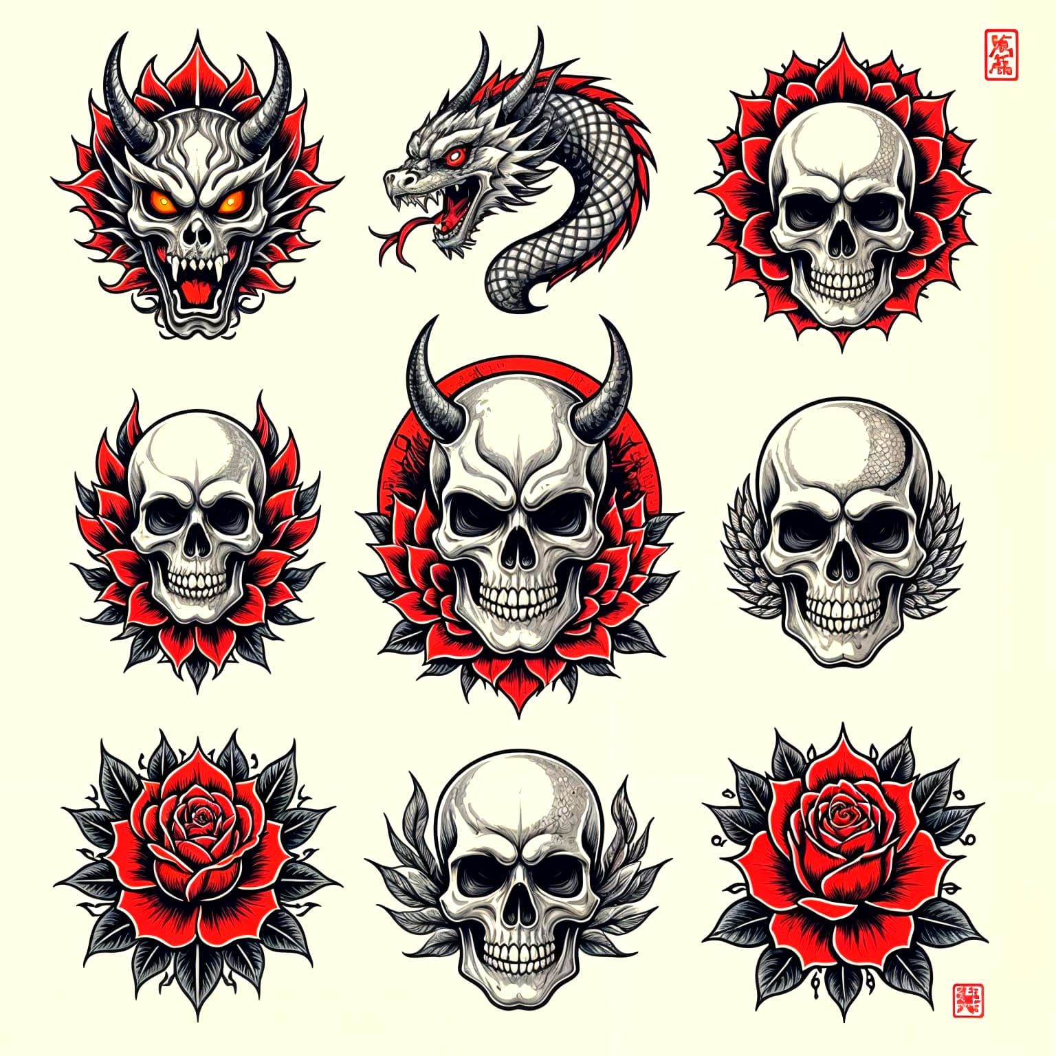 Tattoo Flash Sheet with Gothic Yakuza Designs