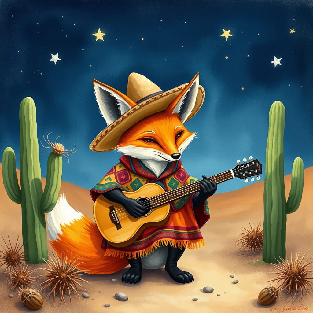 Fox in Sombrero: Whimsical Watercolor Desert Scene