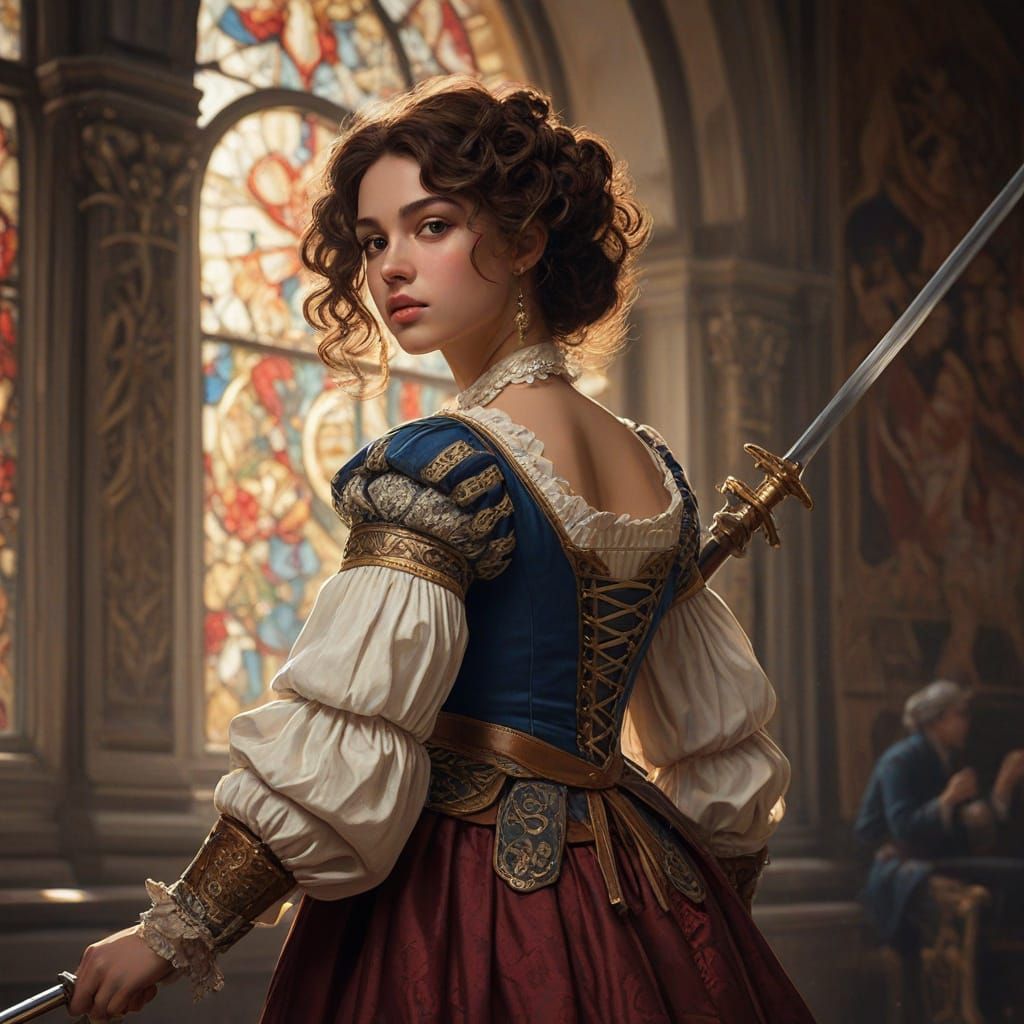 Elegant 1600s Lady in Historical Costume with Rapier