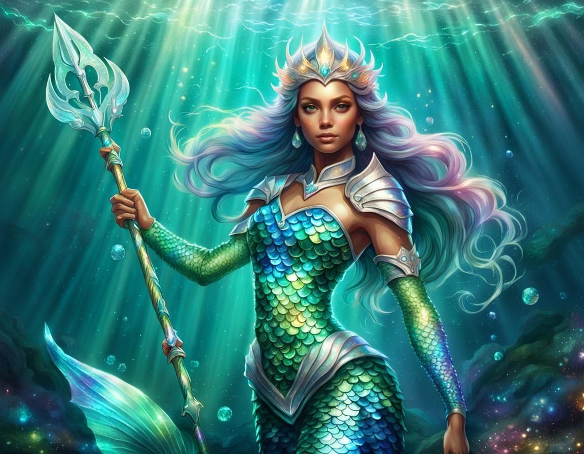 Iridescent Mermaid Queen with Trident in Fantasy Illustratio...