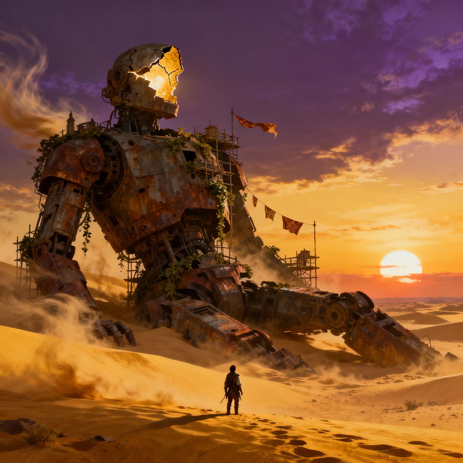 Lone Traveler Before Fallen Mechanical Giant in Desert Sunse...