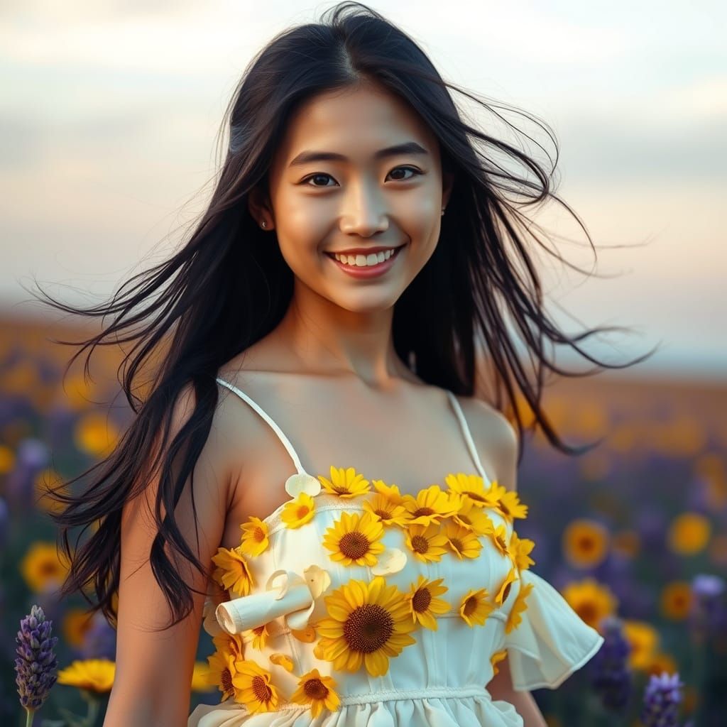 Japanese Woman in Sunflower Dress at Golden Hour