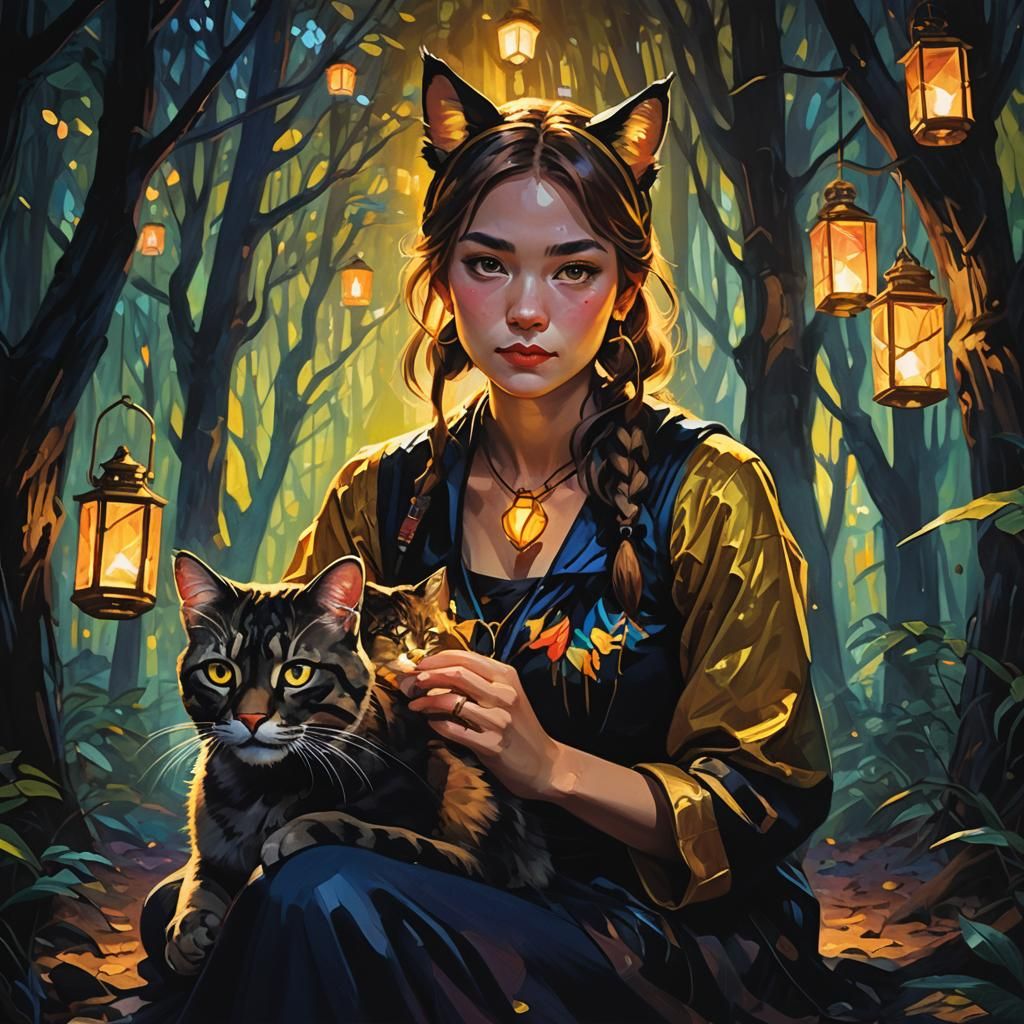 Fauvist Woman with Cat Features in Forest