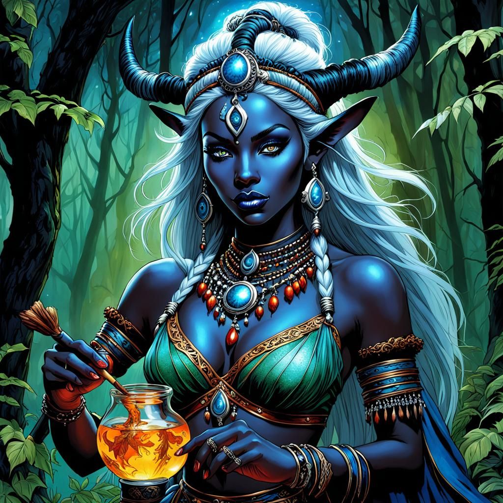 Drow Shaman Casting Spells in Alcohol Ink Style