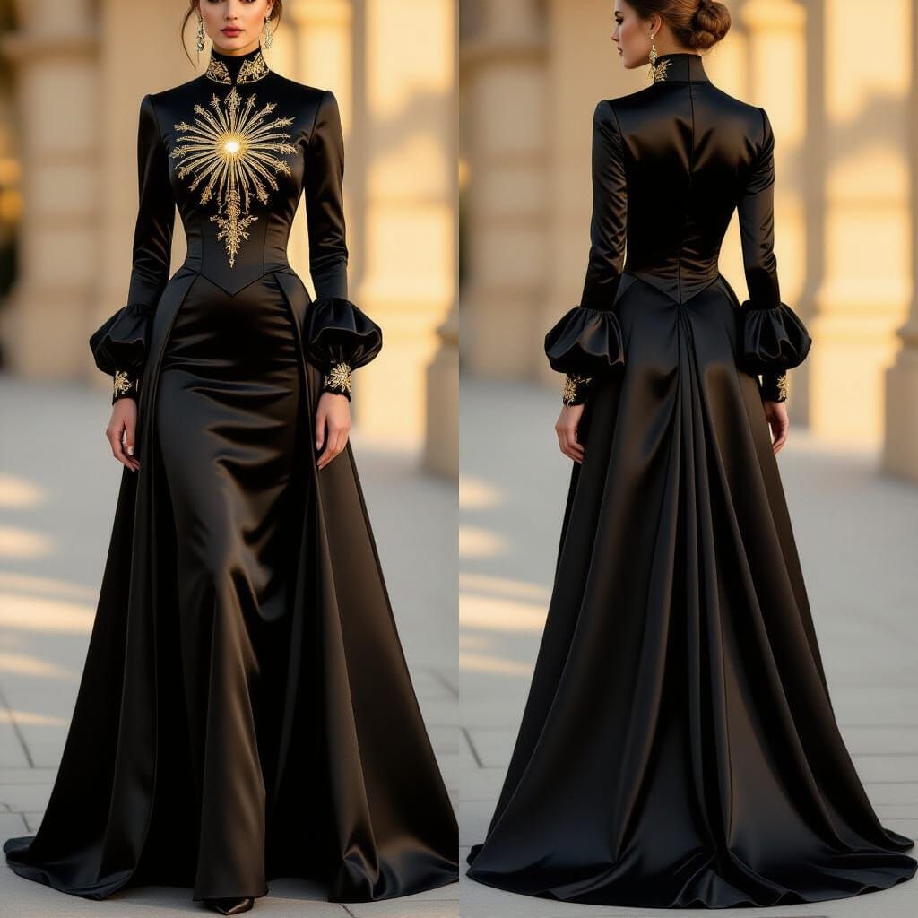 Black Victorian Gown with Golden Sun Embroidery