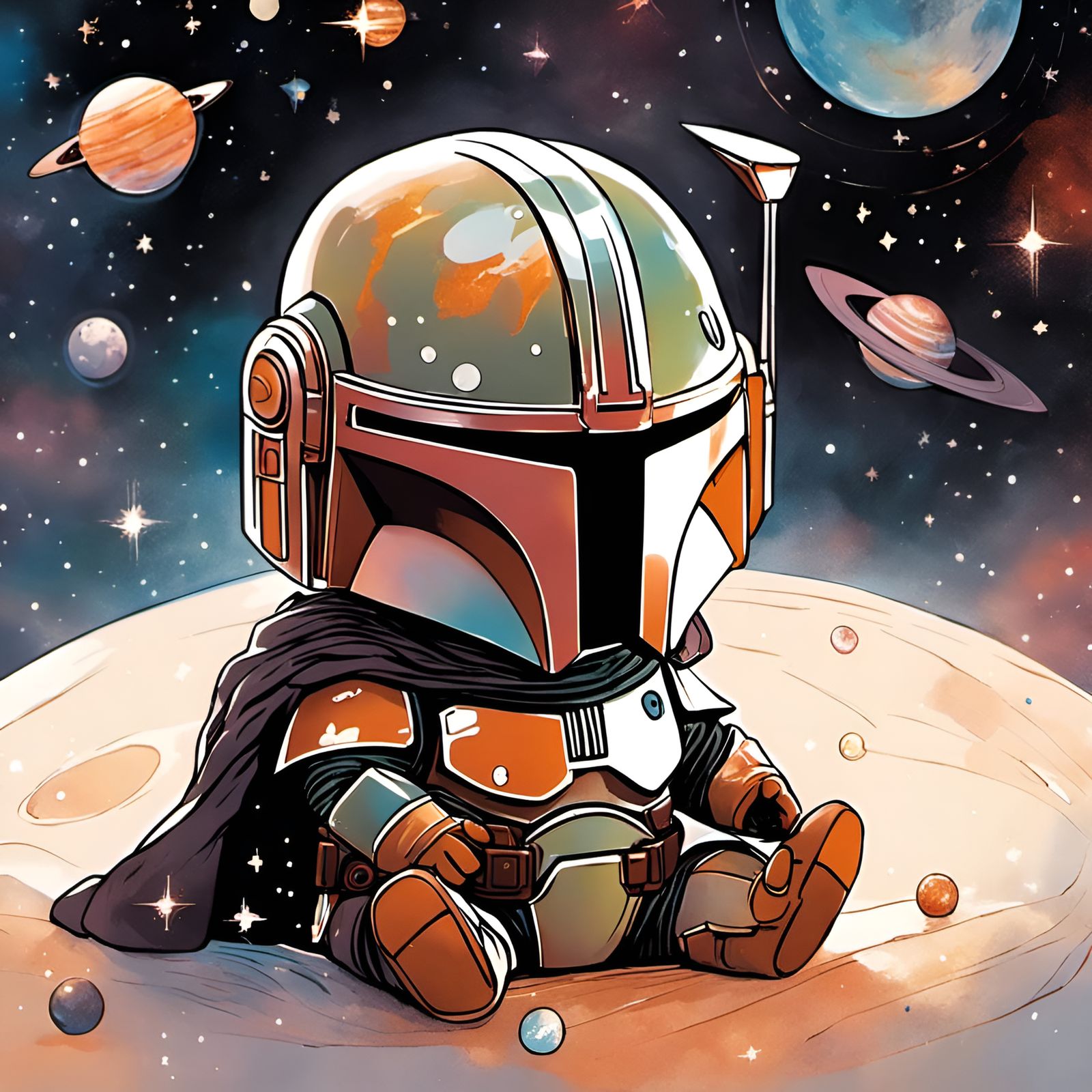 Chibi Mandalorian Baby in Starry Landscape