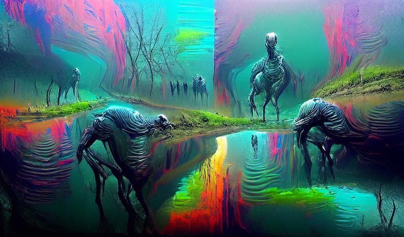 Alien River Scene in Surrealist Style