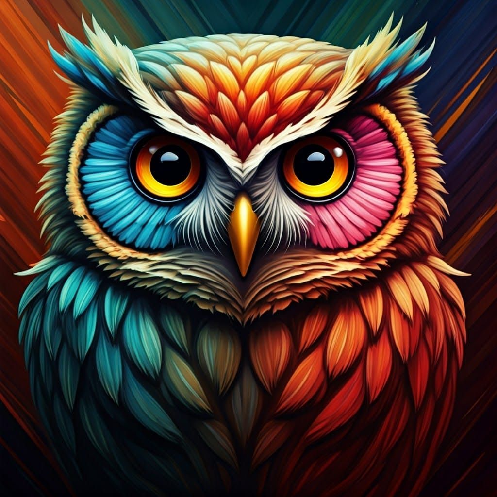 Vibrant Owl with Iridescent Eyes in Abstract Style