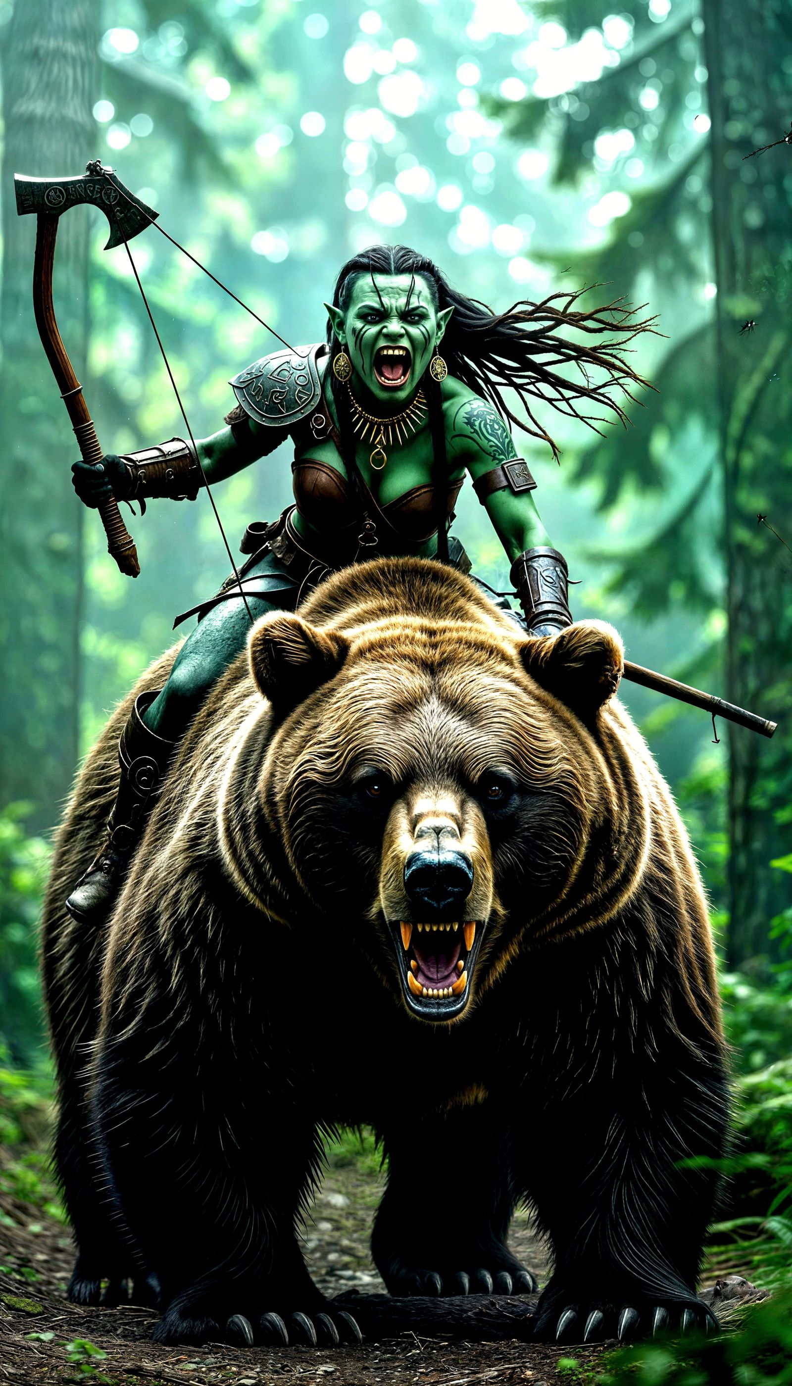 Female Orc Rider on Bear in Dark Forest