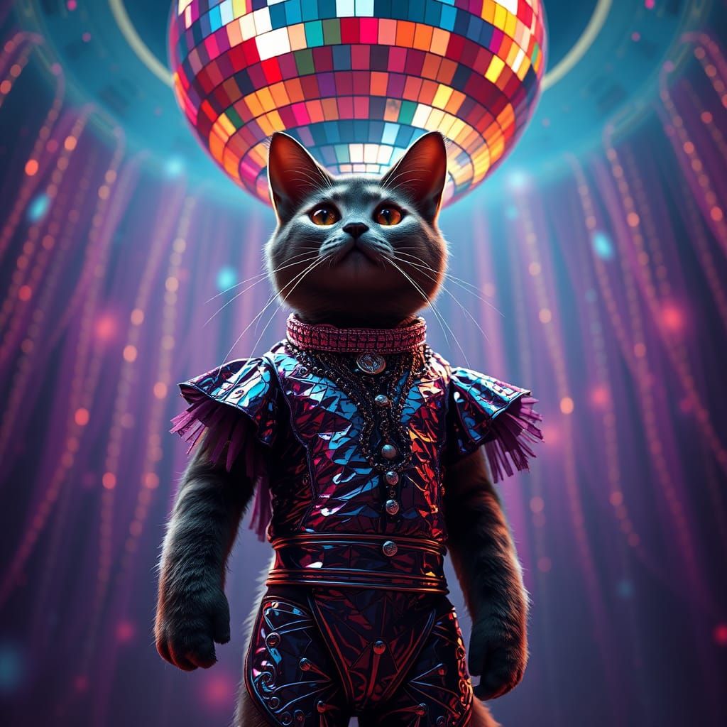 "A cat wearing a disco outfit standing underneath a disco ba...