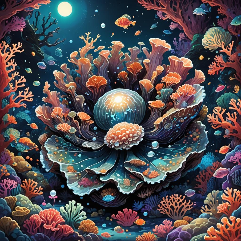 Glowing Pearl Clam in Bioluminescent Coral Reef