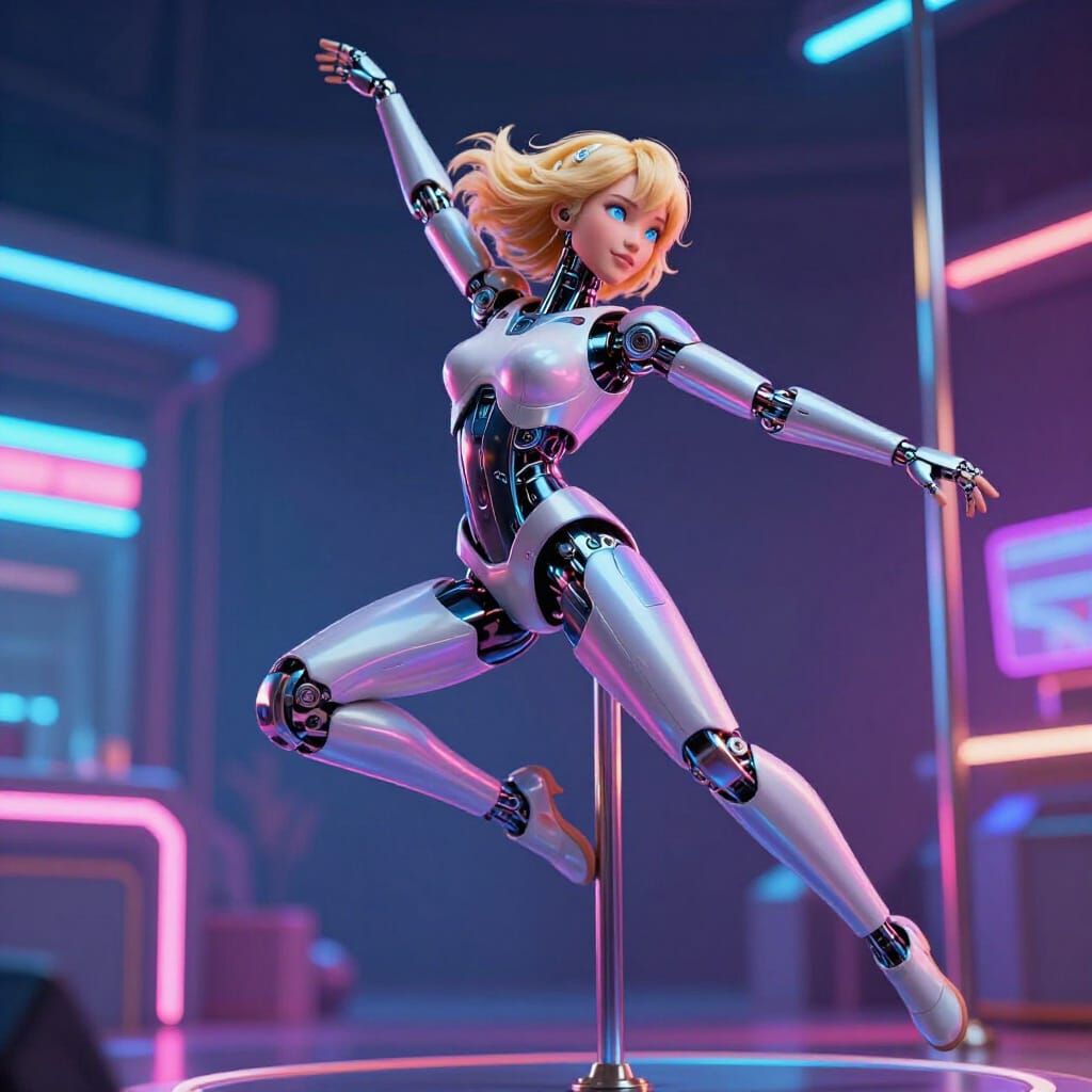 Futuristic Robot Dancer Leaps on Pole in Neon Lights