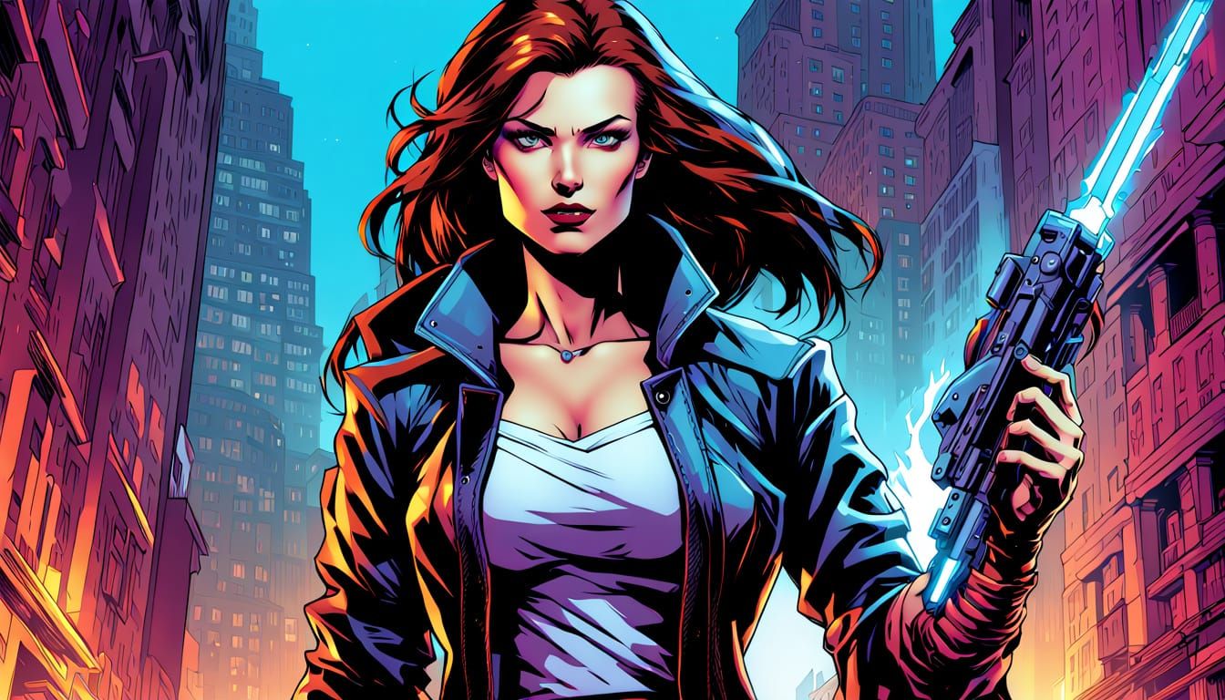 Cyberpunk Secretary with Futuristic Clipboard, Graphic Novel...