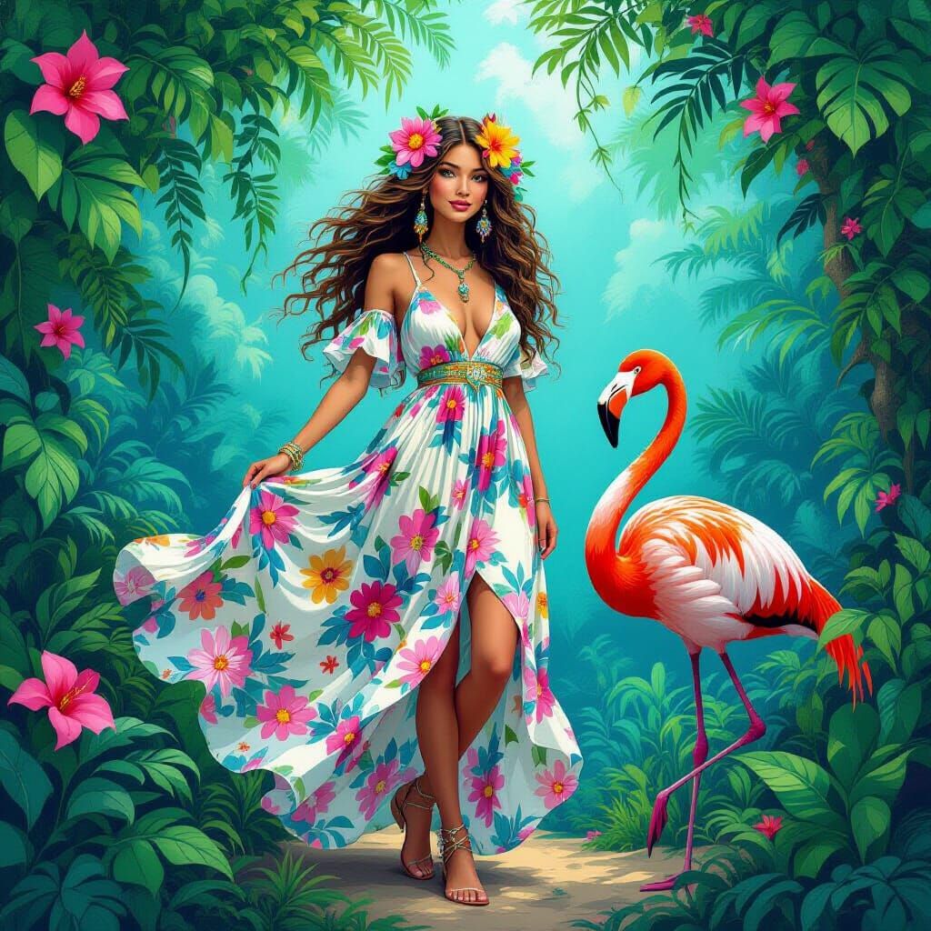 Hippie Fairy and Flamingo in Blue Jungle
