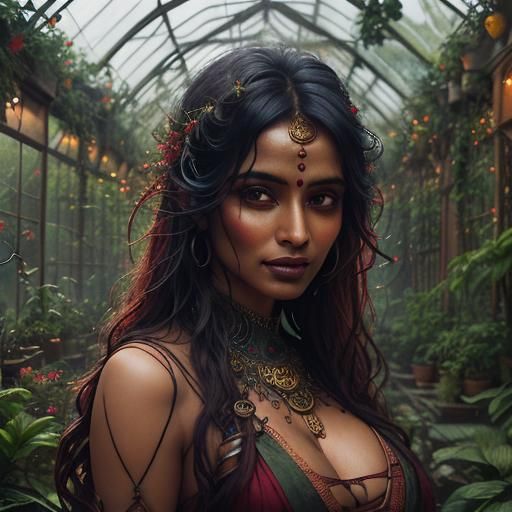 Indian Girl in Steampunk Garden with Stormy Sky