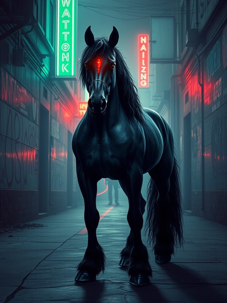 Cyberpunk Horseman in Misty Alley