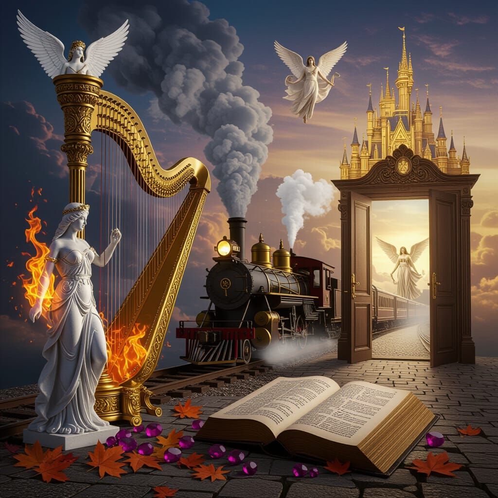 Surreal Golden Harp and Skeleton Key in Ethereal Realm