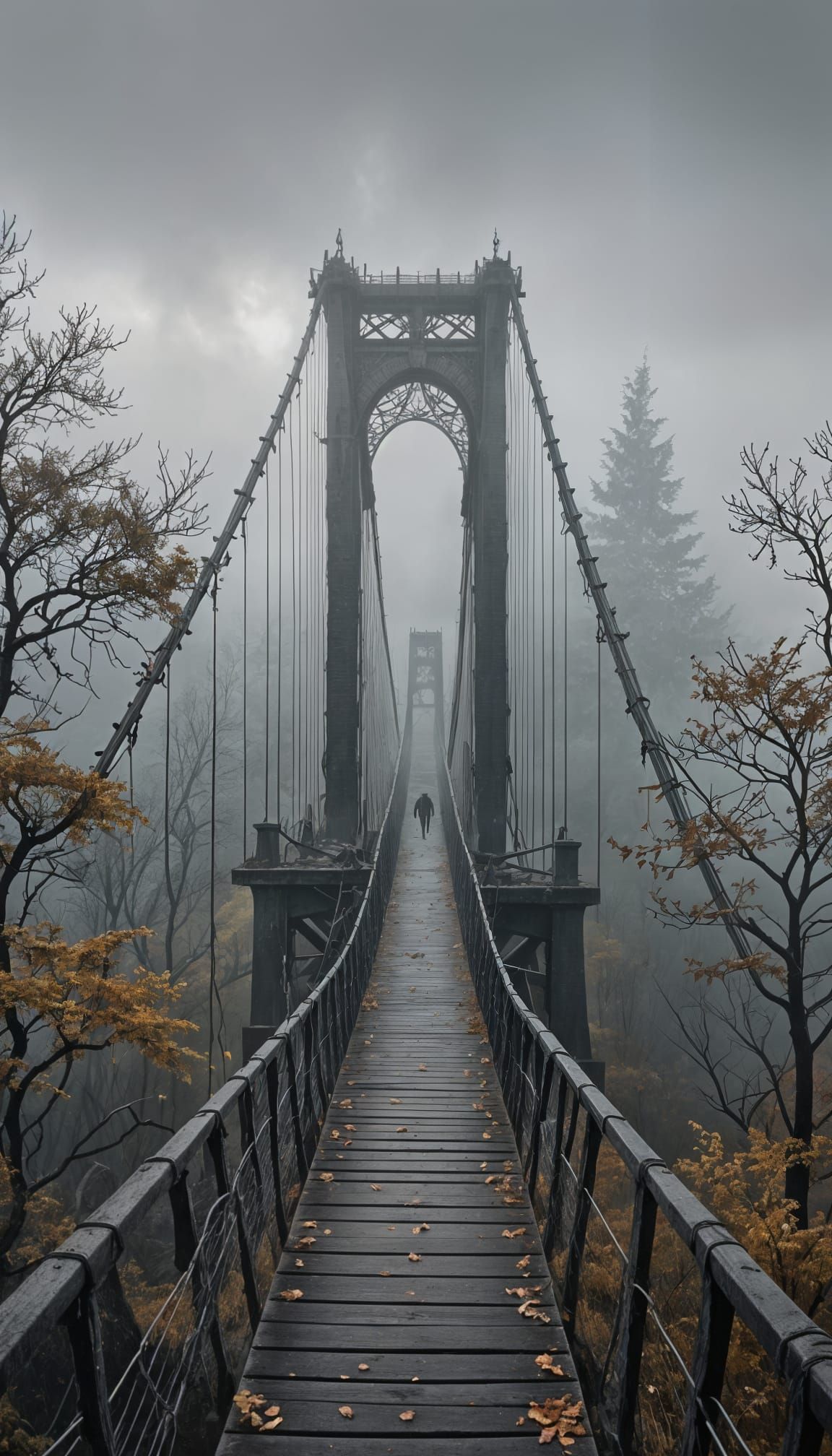 Surreal Autumn Bridge Collapses into Dystopian Fog