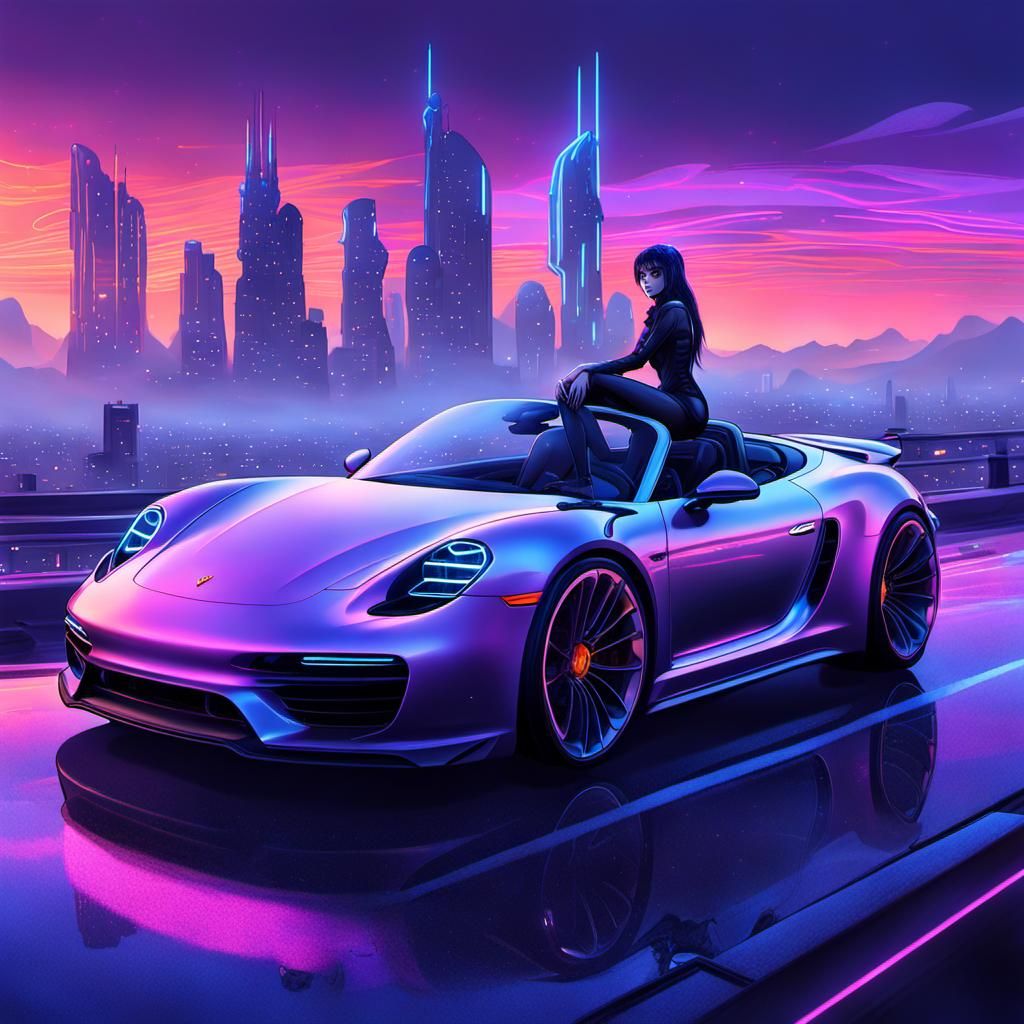 Anime Girl on Porsche in Neon Cityscape