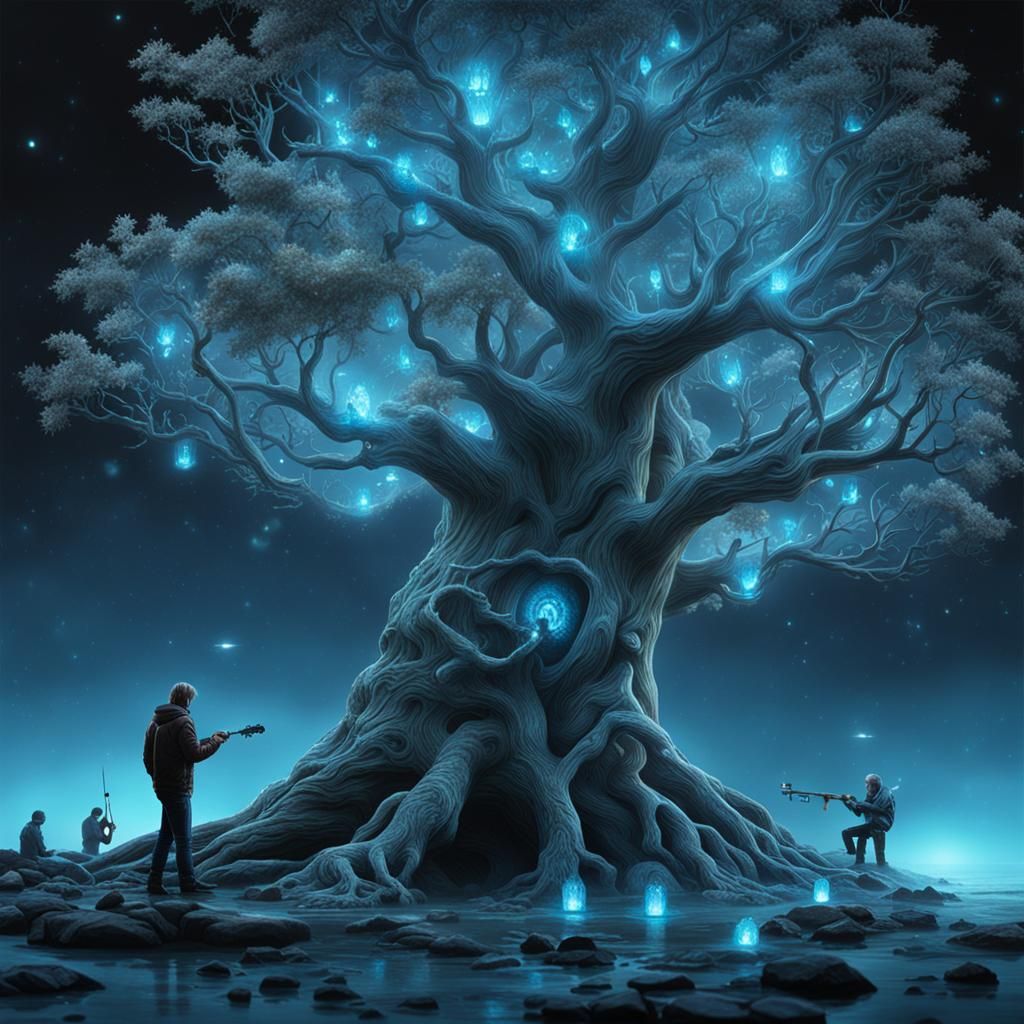 Bioluminescent Tree Musician: Photorealistic Detailed Image