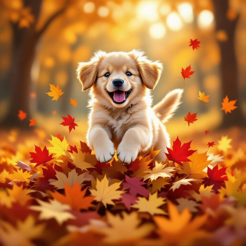 Golden Retriever Puppy Leaping Into Autumn Leaves