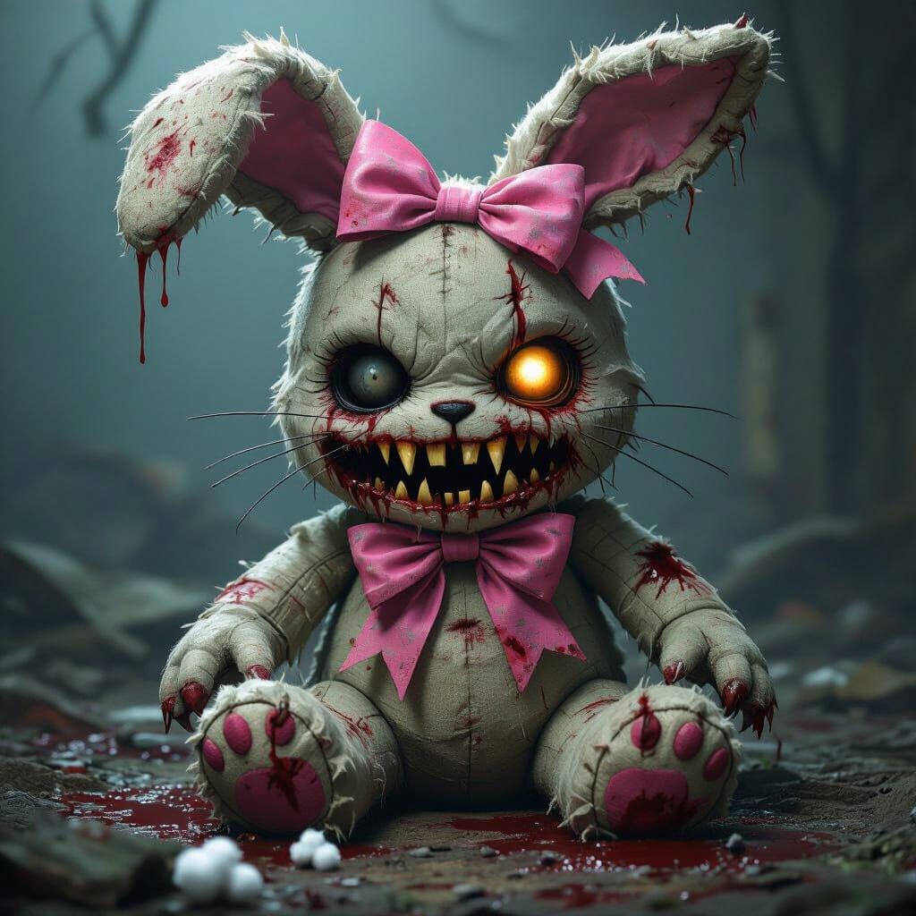 Macabre Zombie Rabbit with Fangs and Blood