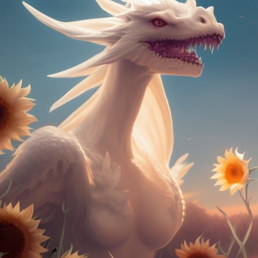 Angelic White Dragon in Sunflower Field