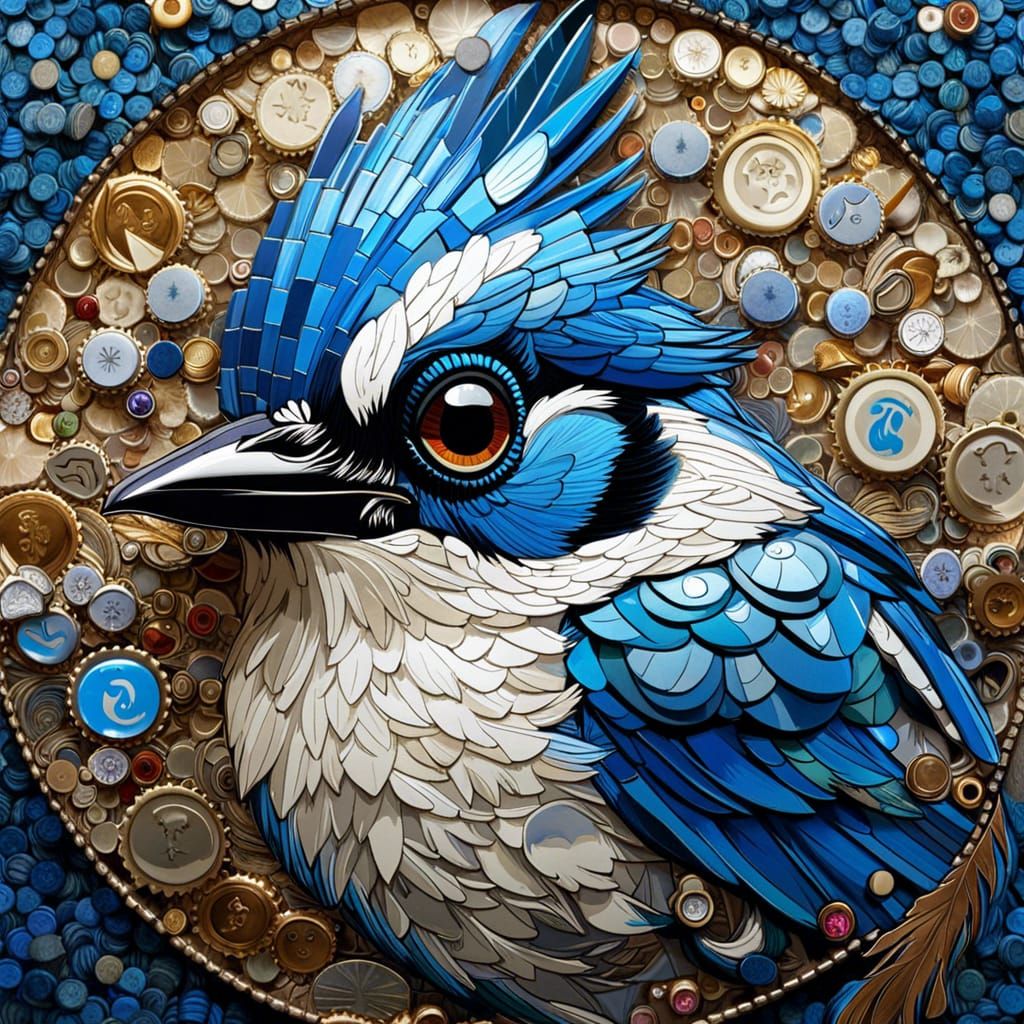 Bottle Cap Mosaic of a Baby Bluejay