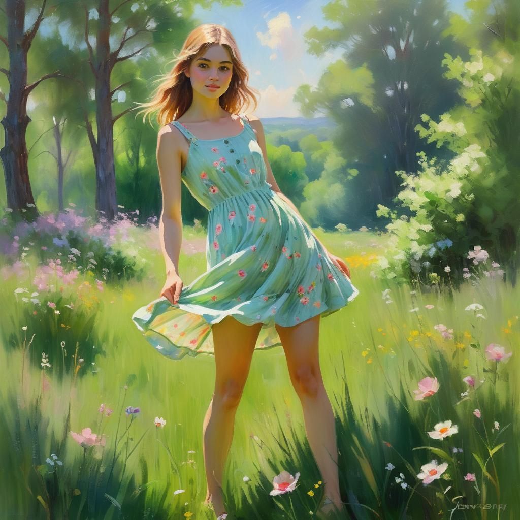Impressionist Girl in Meadow Oil Painting
