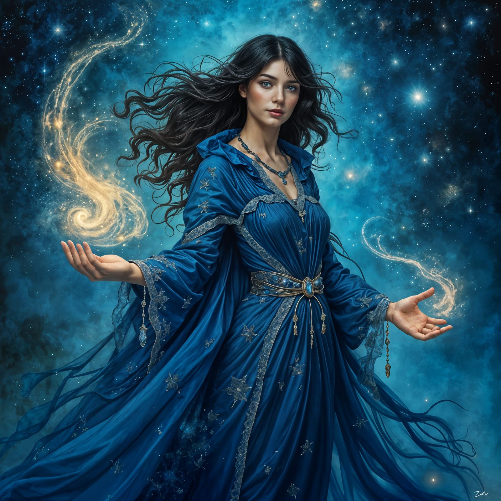 Azure Witch Art in Vibrant Blue Tones