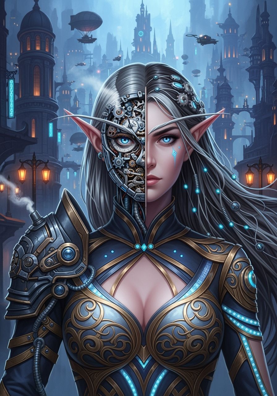 Clockwork Elf Woman in Cyberpunk Fantasy City
