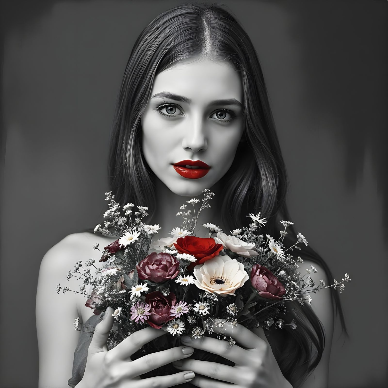 Woman with Red Lips in Black and White Style